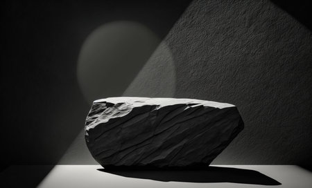 3D render of a stone podium in a dark room with sunlightの写真素材