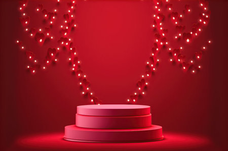 Valentine's day background with red podium and hearts. Vector illustrationの写真素材