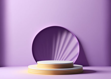 3d render of minimal geometric forms. Glossy golden podium for your design in purple studio. Fashion show stage.の写真素材