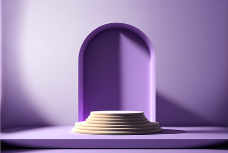 Abstract minimal scene with podium and arch. Purple background. 3d renderの写真素材