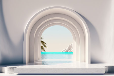 3D rendering of a white marble podium with a sea view in the backgroundの写真素材