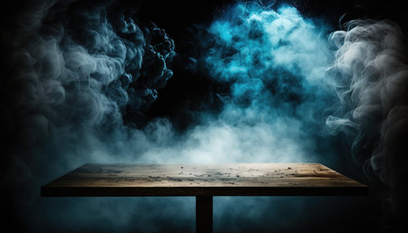 Wooden table and blue smoke on black background. Collage.の写真素材