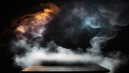 Smoke coming out of a wooden table in front of a black backgroundの写真素材