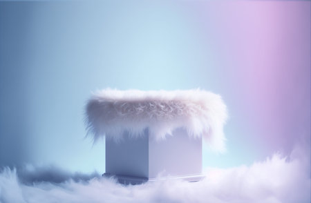 White podium for product presentation with fur hat on blue background. 3d rendering