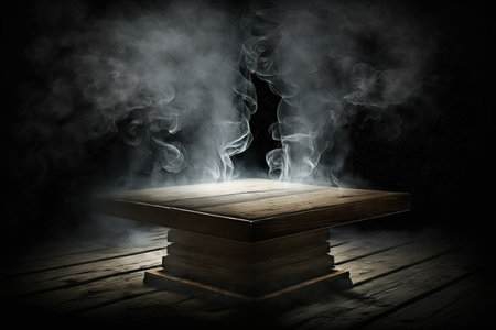 Wooden table and smoke on dark background. Selective focus.の写真素材