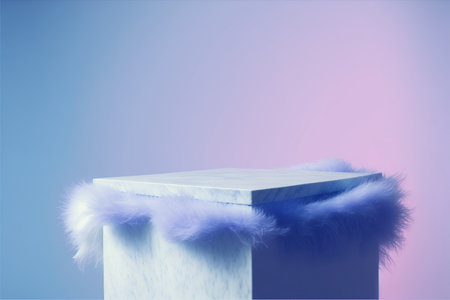 White podium for product presentation with fur hat on blue background. 3d renderingの写真素材