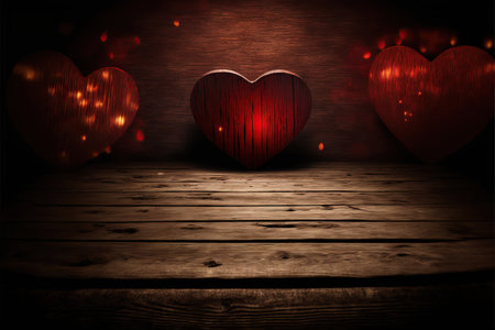 Valentines day background with red hearts on wooden planks.の素材
