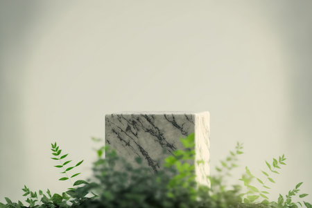 Minimal scene with marble pedestal and green leaves. 3d renderの写真素材
