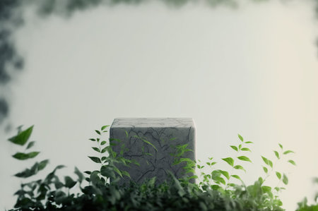 3d render of a stone podium on the background of greenery