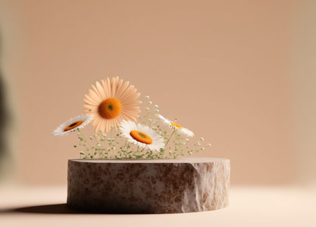 Podium for product presentation with daisies. 3D renderingの写真素材