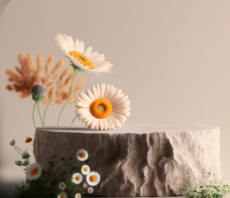 3d render of minimal display podium with daisy flowers and leavesの写真素材