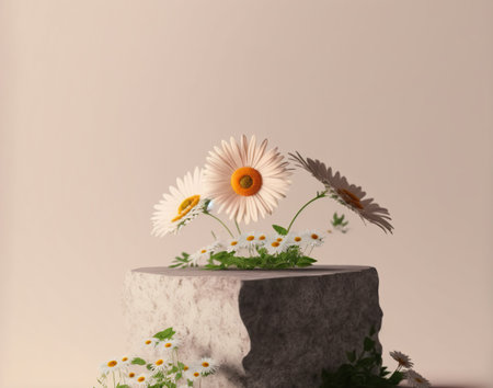 White daisies on a concrete pedestal over beige backgroundの写真素材