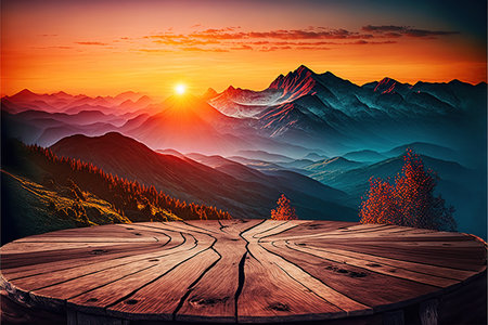 Wooden table top on the background of mountains at sunset. Vector illustrationの写真素材