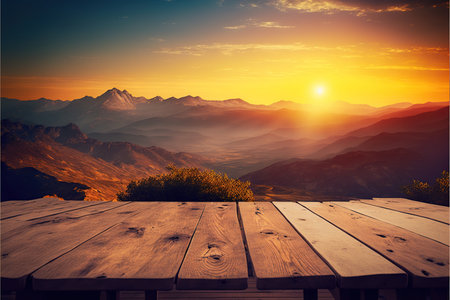Wooden table top on the background of the mountain landscape at sunsetの写真素材