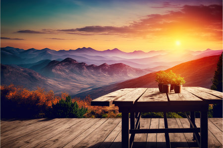 Wooden table against scenic view of valley in the mountains at sunsetの写真素材