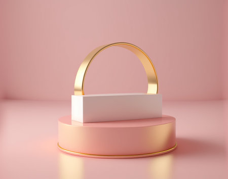 3d render of abstract minimal geometric forms. Glossy golden podium for your design.の写真素材