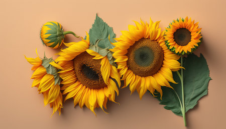 Beautiful sunflowers with leaves on color background, top viewの写真素材
