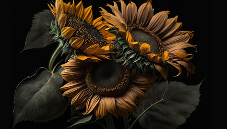 Beautiful sunflowers bouquet on black background, closeupの写真素材