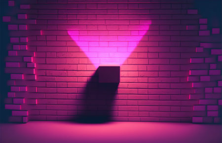 Neon light glowing in a dark room with brick wall and floorの写真素材