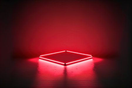 3d rendering, glowing red neon square podium in dark room, abstract backgroundの写真素材