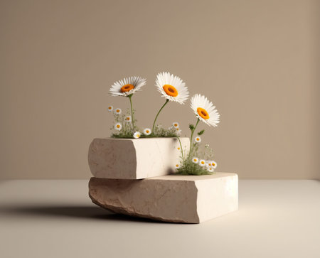 3d render of a white marble podium with daisies on itの写真素材