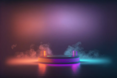 Abstract scene podium illuminated with neon lights and smoke.の写真素材