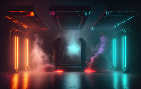 Futuristic dark room with neon lights and smoke. 3d renderingの写真素材