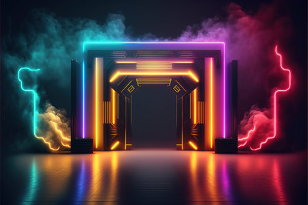 Futuristic portal with neon lights and smoke, vector illustration.の写真素材