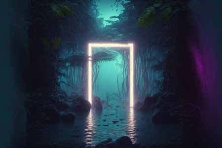 3d render of fantasy portal in the dark forest with neon light.