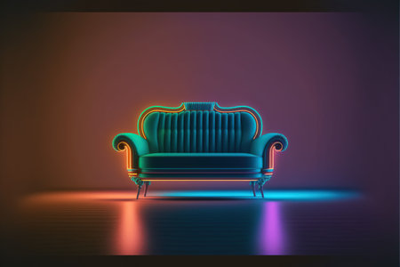 Vector illustration of a retro sofa in a dark room with neon lightの写真素材