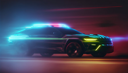 Police car on the road at night. 3D Rendering.の素材