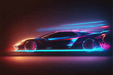 Sport car on the road with neon light effects.の素材