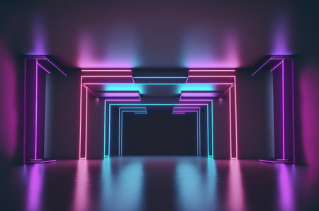 Futuristic corridor with neon lights, 3d rendering. Computer digital drawing.の写真素材