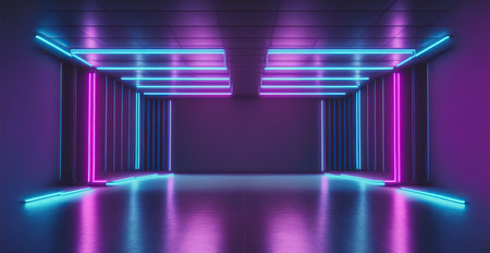 3d render, abstract background, empty room with neon lights, ultraviolet lampsの写真素材