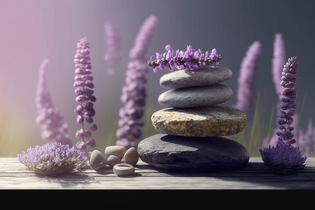 zen stones and lavender flowers on wooden table, 3d renderの写真素材