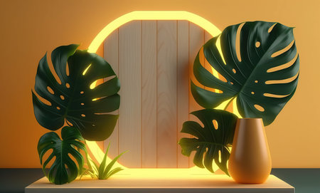 3d render, abstract background with tropical leaves, podium for product presentationの写真素材