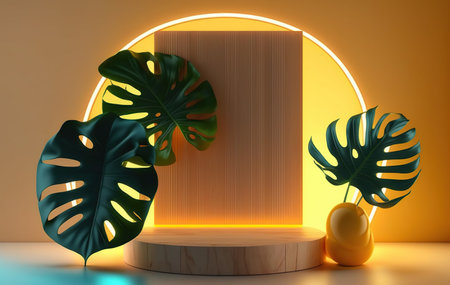 Abstract scene podium mock up with monstera leaves. 3d renderの写真素材