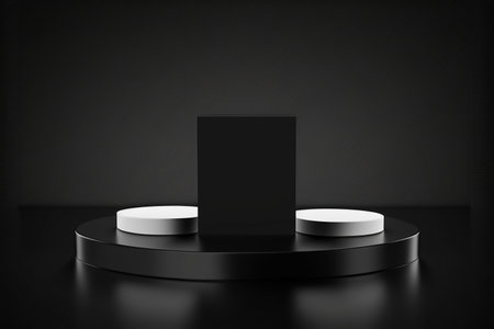 Black podium on black background. Mock up, 3D Renderingの写真素材