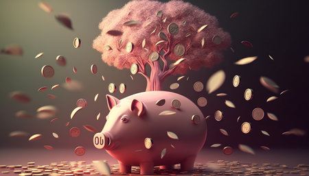 Piggy bank with tree growing out of coins. 3D renderingの写真素材