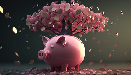 Piggy bank with a tree and falling coins. 3D renderingの写真素材