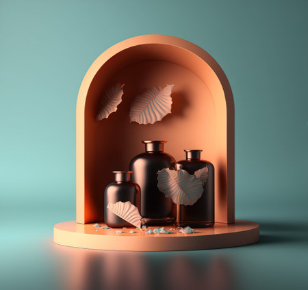 3d render of cosmetic bottles with seashells inside on podiumの写真素材