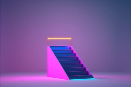 3d rendering of stairs illuminated in neon light. Abstract bright background.の写真素材
