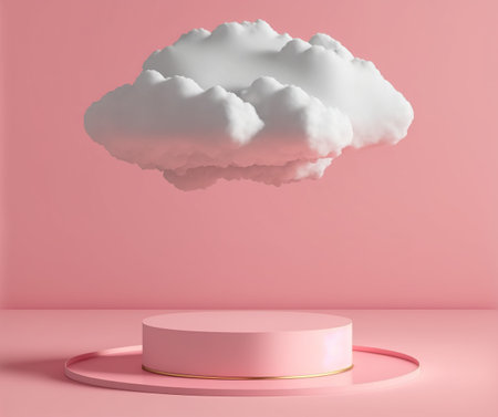 Minimal scene with pink pedestal and cloud 3D rendering.の写真素材
