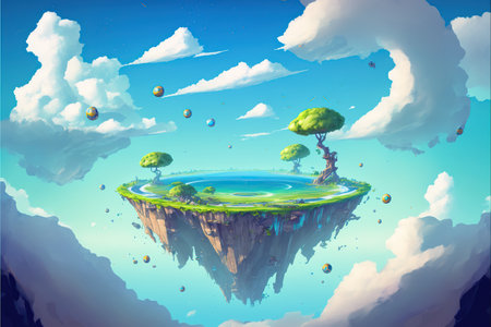 Fantasy island with trees in the sky. 3d illustration.の写真素材