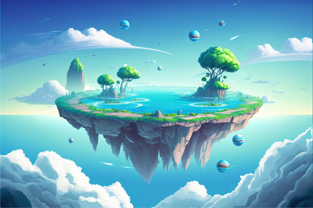 Fantasy island with trees and planets floating in the blue sky illustrationの写真素材