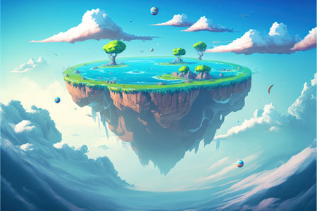 Floating island with trees and balloons in the sky. 3D renderingの写真素材