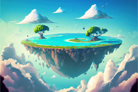 Tropical island floating in the sky. 3d illustration.の写真素材