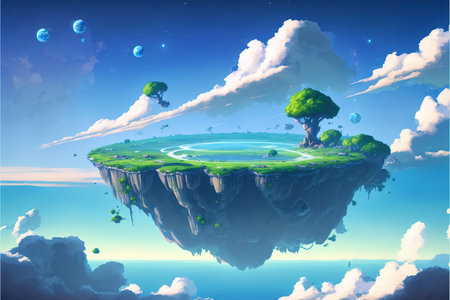 Green island in the sky with clouds and stars. 3d renderingの写真素材