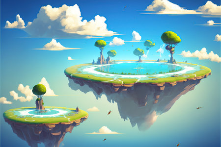 Beautiful fantasy landscape with lake and trees.の写真素材