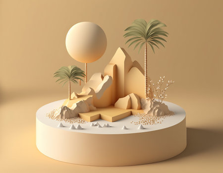 3d render of abstract minimal scene with podium and palm trees.の写真素材
